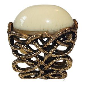 Amrita Singh Large White Jade Cabochon Open Work Filigree Antique Gold Ring